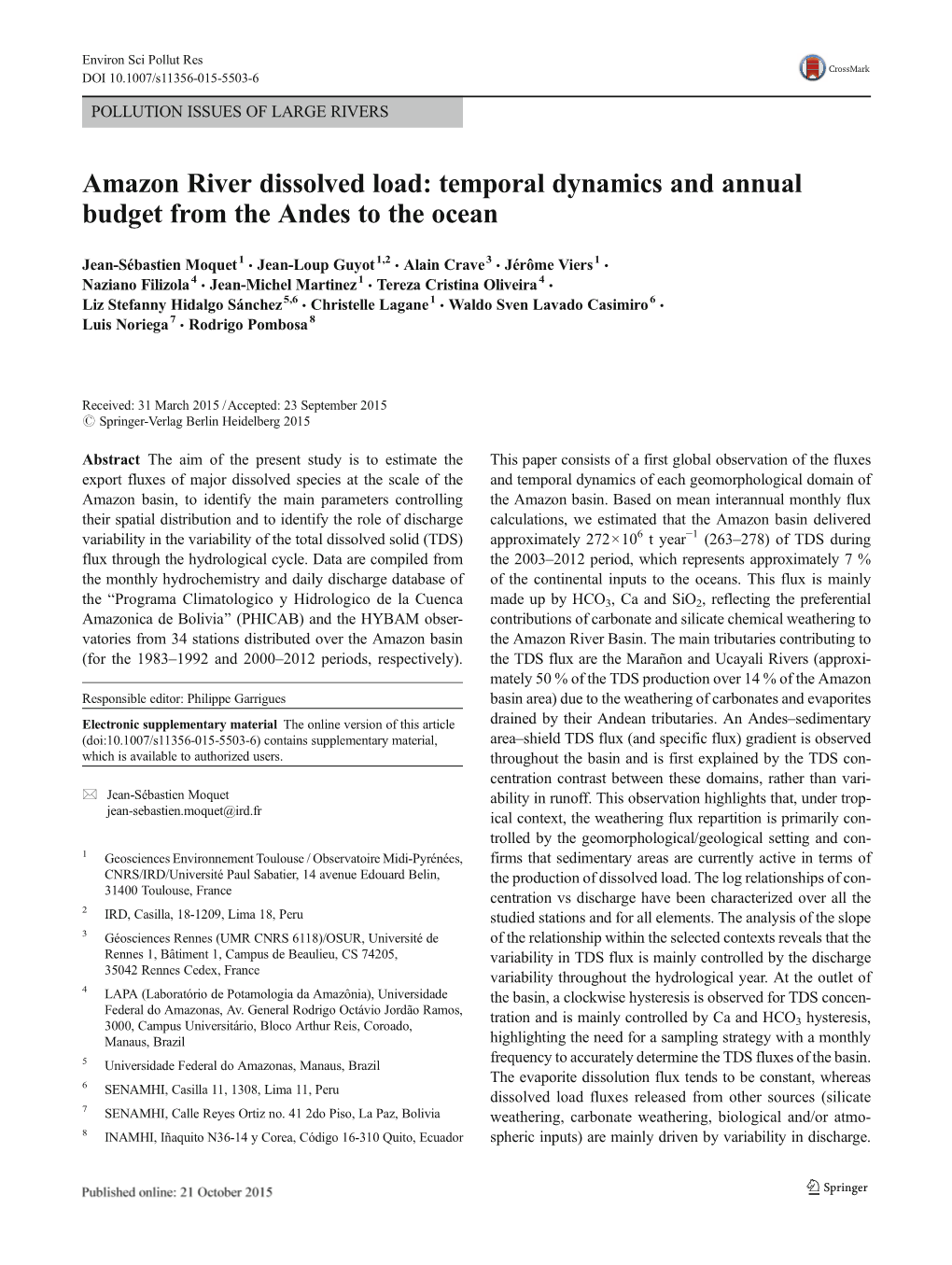 Amazon River Dissolved Load: Temporal Dynamics and Annual Budget from the Andes to the Ocean