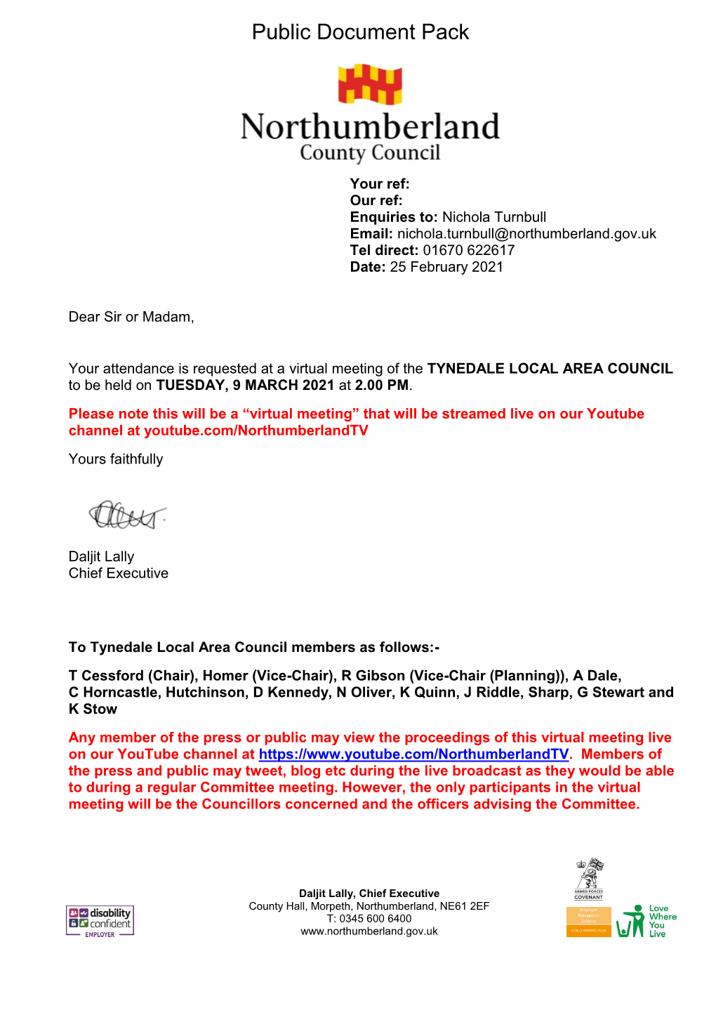 Agenda Document for Tynedale Local Area Council, 09/03/2021 14:00