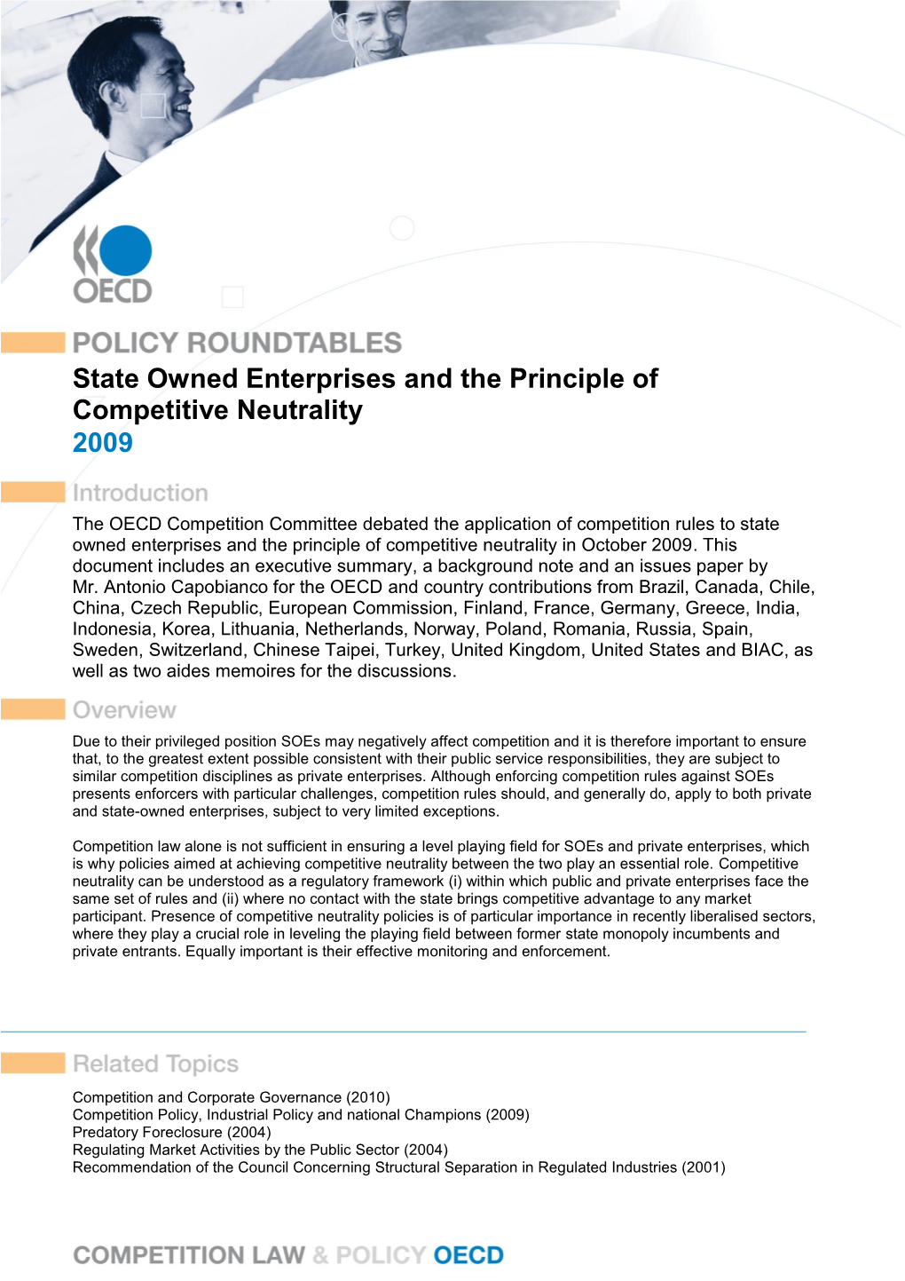 State Owned Enterprises and the Principle of Competitive Neutrality 2009