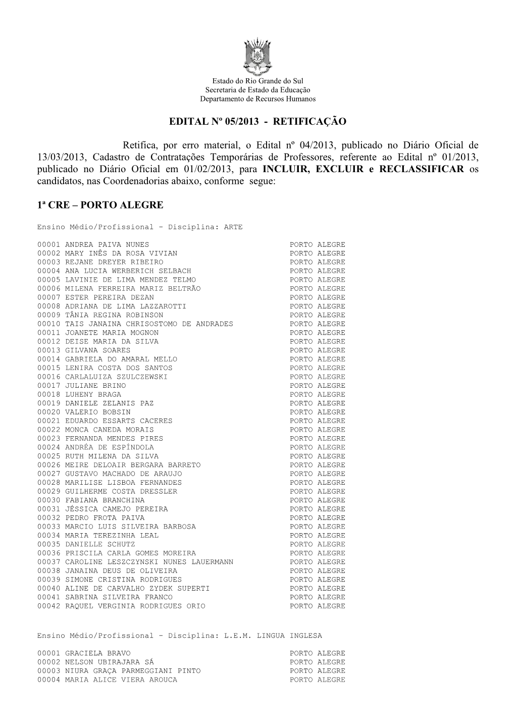 Edital Nº 05/2013 - Retificação