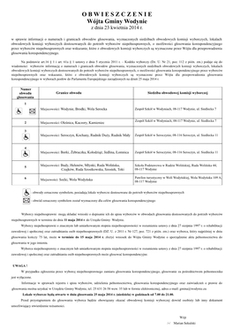 O B W I E S Z C Z E N I E Wójta Gminy Wodynie Z Dnia 23 Kwietnia 2014 R