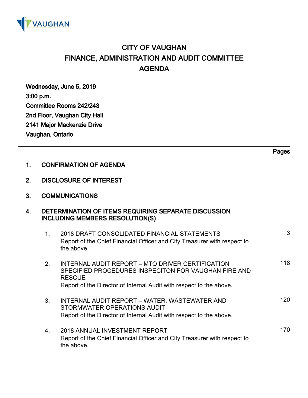 City of Vaughan Finance, Administration and Audit Committee Agenda
