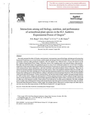 Interactions Among Soil Biology, Nutrition, and Performance of Actinorhizal Plant Species in the H.J