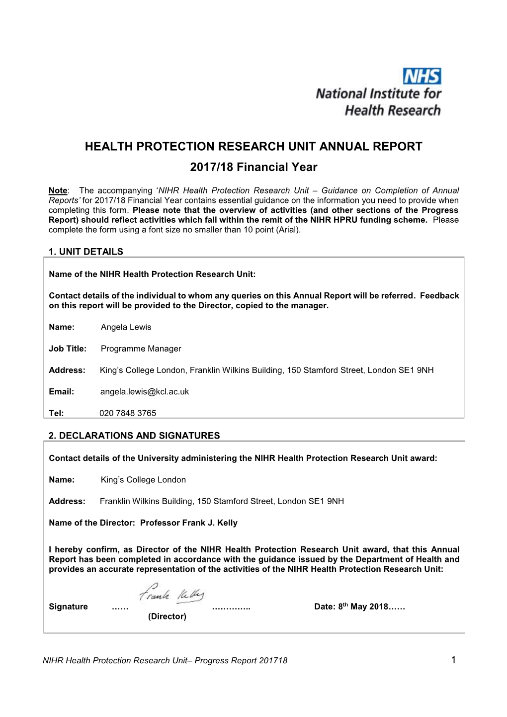 HEALTH PROTECTION RESEARCH UNIT ANNUAL REPORT 2017/18 Financial Year