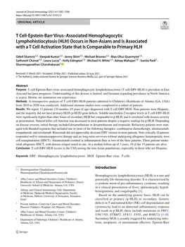 T Cell-Epstein-Barr Virus–Associated Hemophagocytic Lymphohistiocytosis (T Cell-EBV-HLH) Is Prevalent in East Asia and Has Poor Prognosis