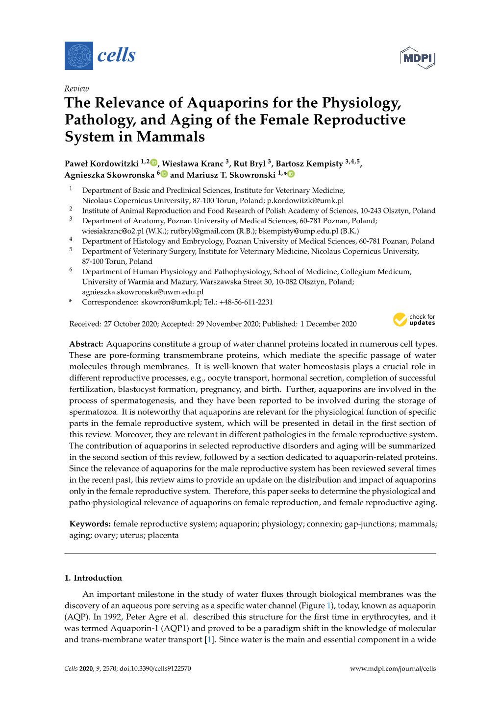 The Relevance of Aquaporins for the Physiology, Pathology, and Aging of the Female Reproductive System in Mammals
