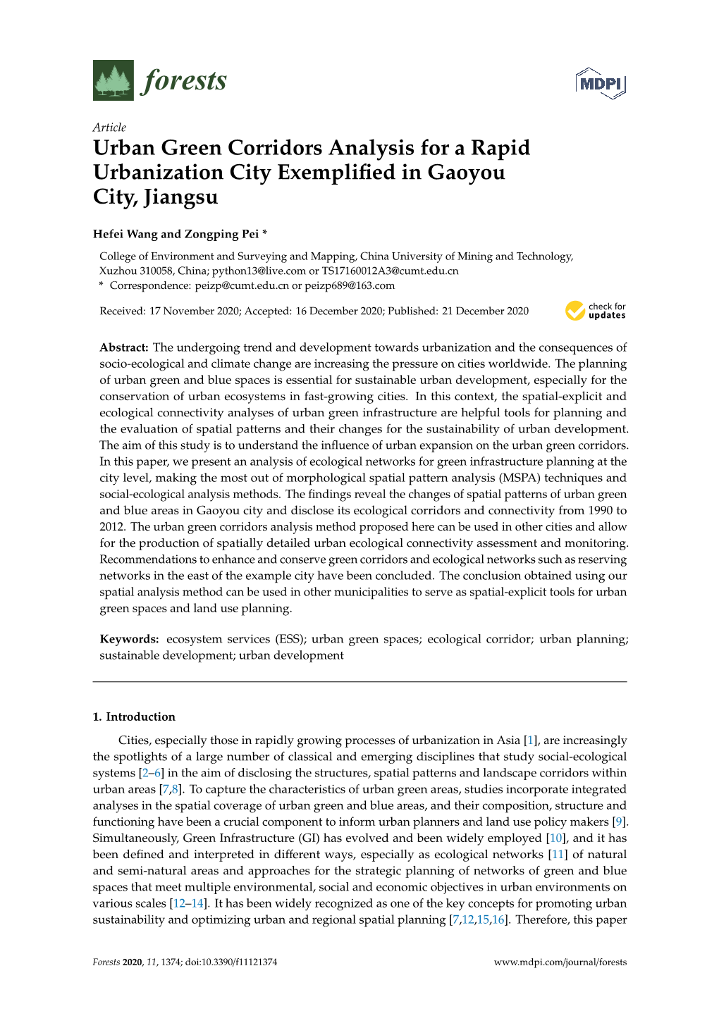 Urban Green Corridors Analysis for a Rapid Urbanization City Exempliﬁed in Gaoyou City, Jiangsu