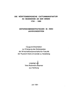 Die Württembergische Cattunmanufaktur Zu Heidenheim an Der Brenz 1754 - 1966