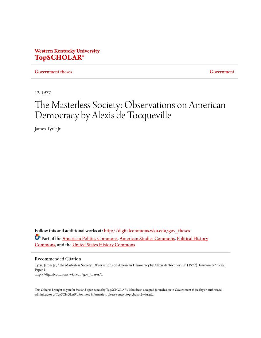 Observations on American Democracy by Alexis De Tocqueville James Tyrie Jr