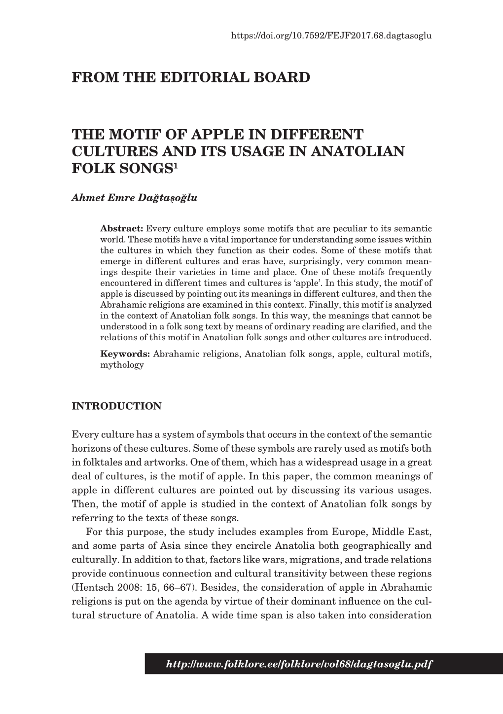 The Motif of Apple in Different Cultures and Its Usage in Anatolian Folk Songs1