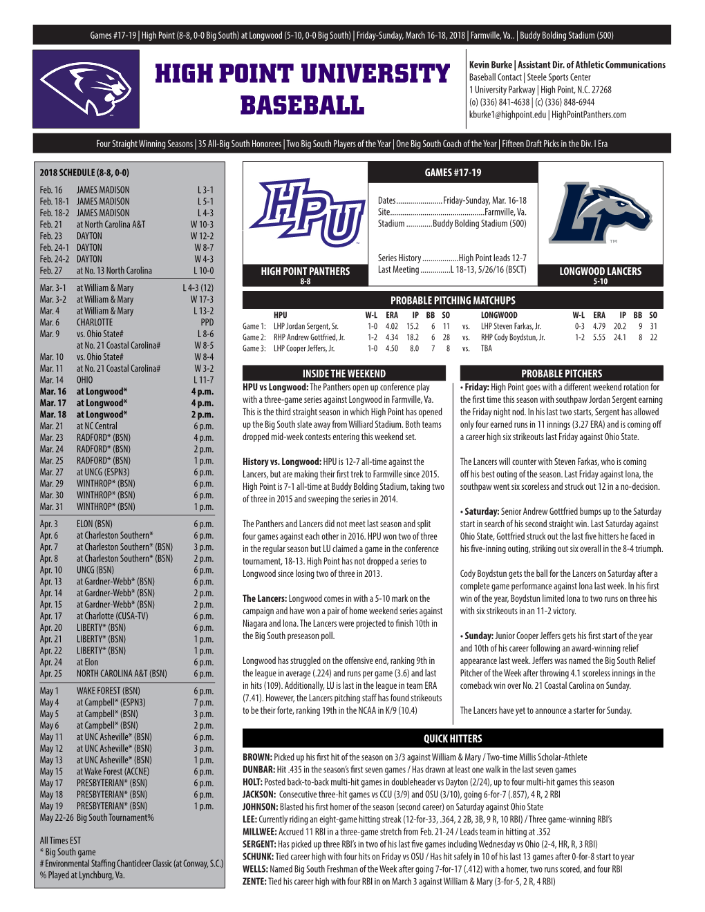 HIGH POINT UNIVERSITY Baseball Contact | Steele Sports Center 1 University Parkway | High Point, N.C