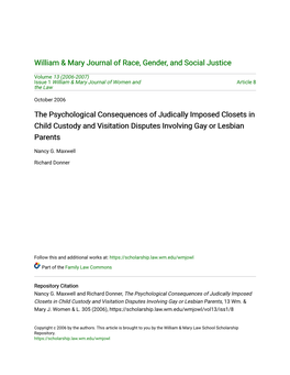 The Psychological Consequences of Judically Imposed Closets in Child Custody and Visitation Disputes Involving Gay Or Lesbian Parents