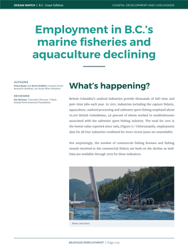 Employment in B.C.'S Marine Fisheries and Aquaculture Declining