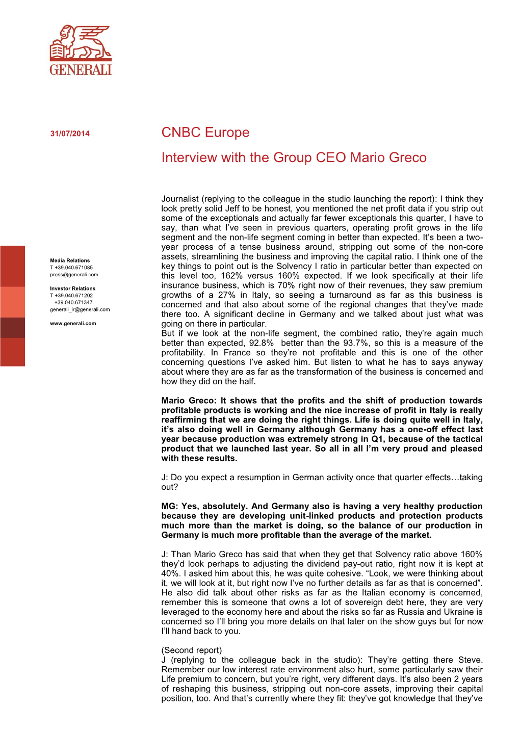 CNBC Europe Interview with the Group CEO Mario Greco