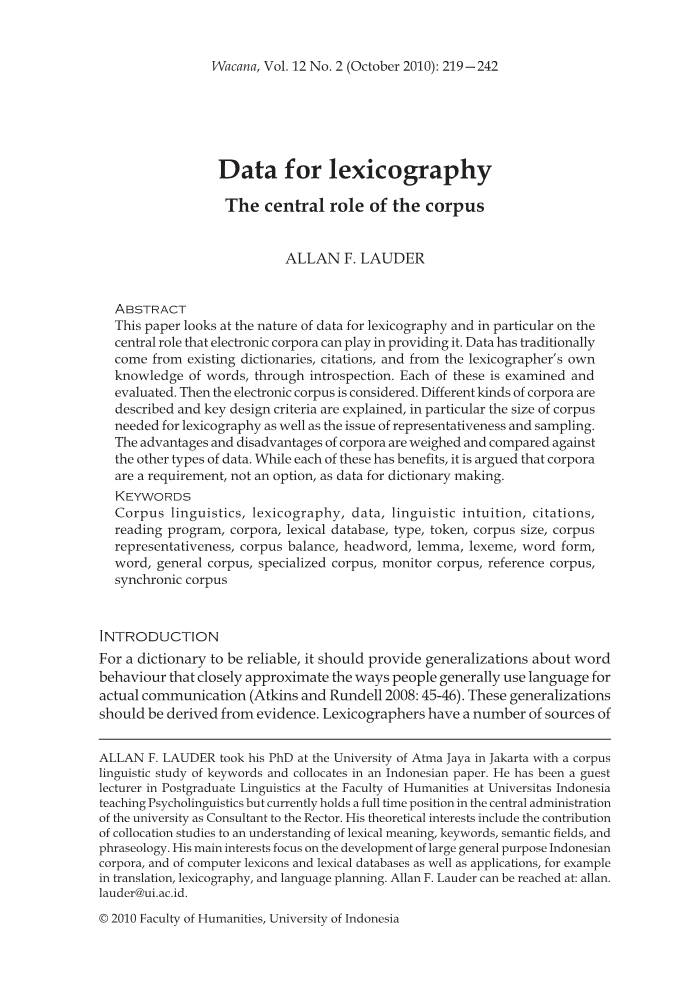Data for Lexicography the Central Role of the Corpus