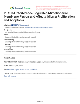 PFKFB4 Interference Regulates Mitochondrial Membrane Fusion