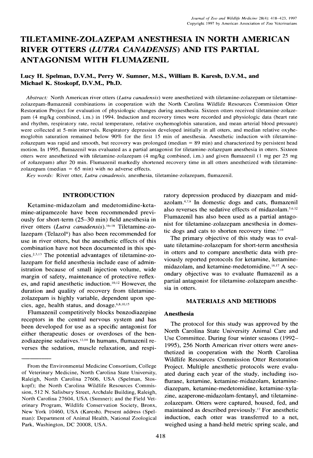 Tiletamine-Zolazepam Anesthesia in North American River Otters (Lutra Canadensis) and Its Partial Antagonism with Flumazenil