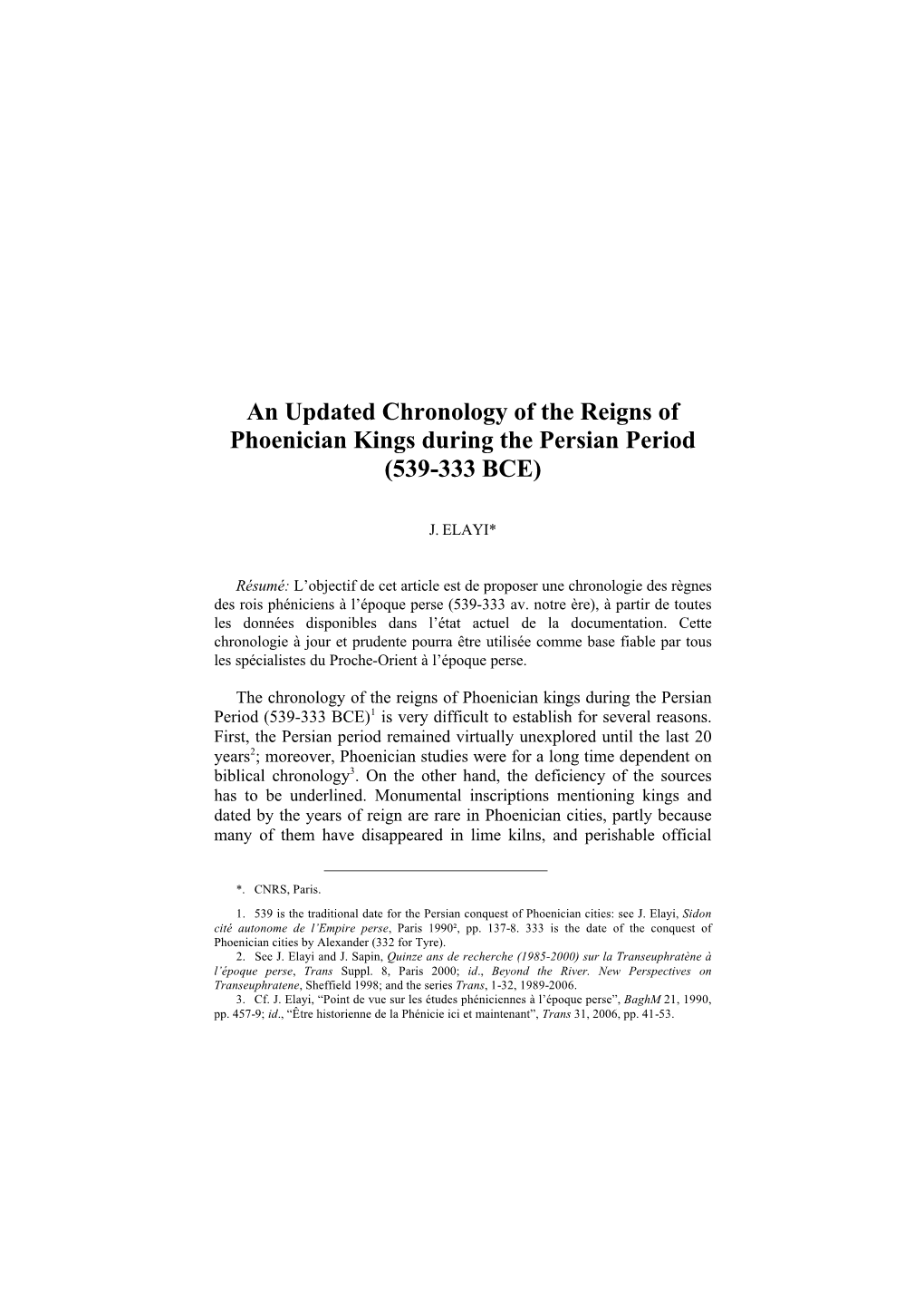 An Updated Chronology of the Reigns of Phoenician Kings During the Persian Period (539-333 BCE)