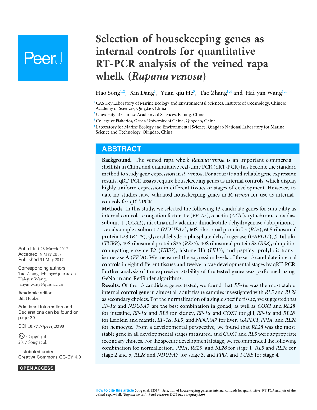 Selection of Housekeeping Genes As Internal Controls for Quantitative RT-PCR Analysis of the Veined Rapa Whelk (Rapana Venosa)