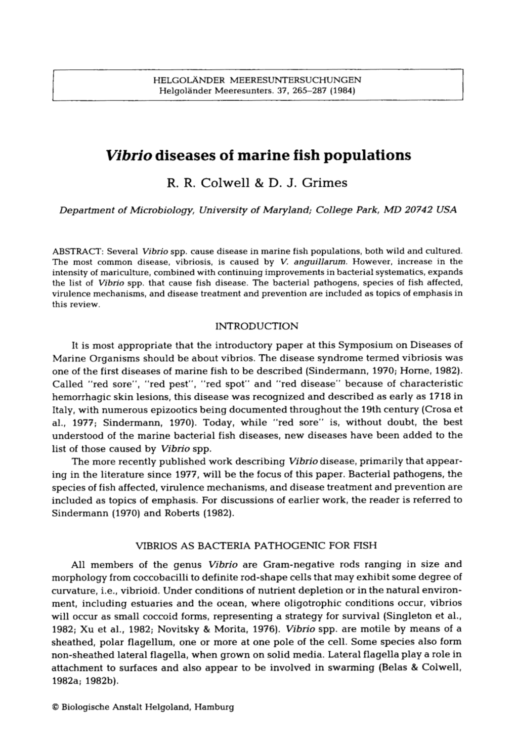 Vibrio Diseases of Marine Fish Populations