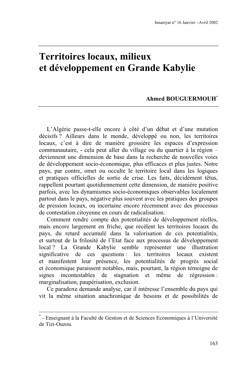 Territoires Locaux, Milieux Et Développement En Grande Kabylie