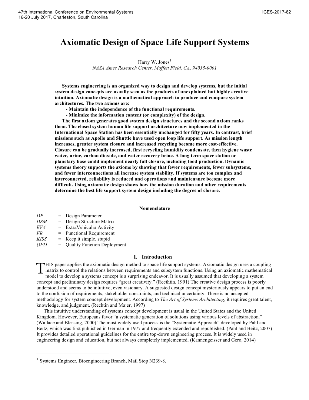 Axiomatic Design of Space Life Support Systems