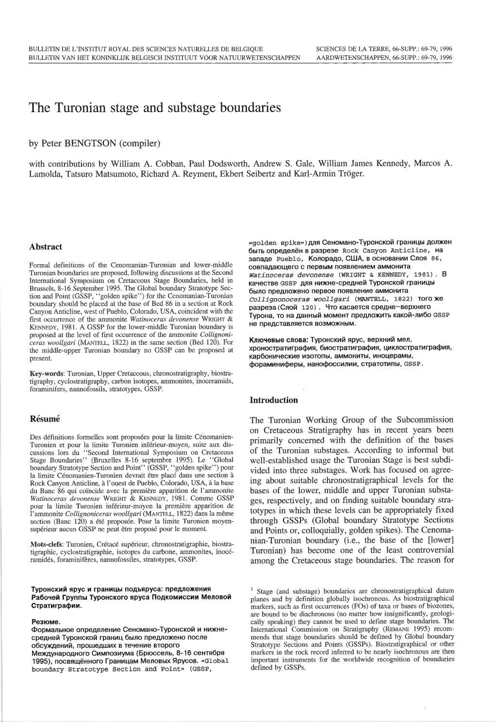 The Turonian Stage and Substage Boundaries by Peter BENGTSON (Compiler) with Contributions by William A