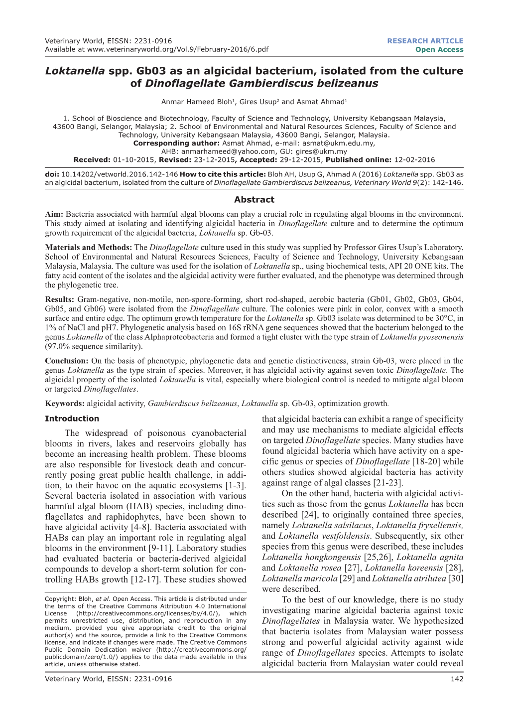 Loktanella Spp. Gb03 As an Algicidal Bacterium, Isolated from the Culture of Dinoflagellate Gambierdiscus Belizeanus