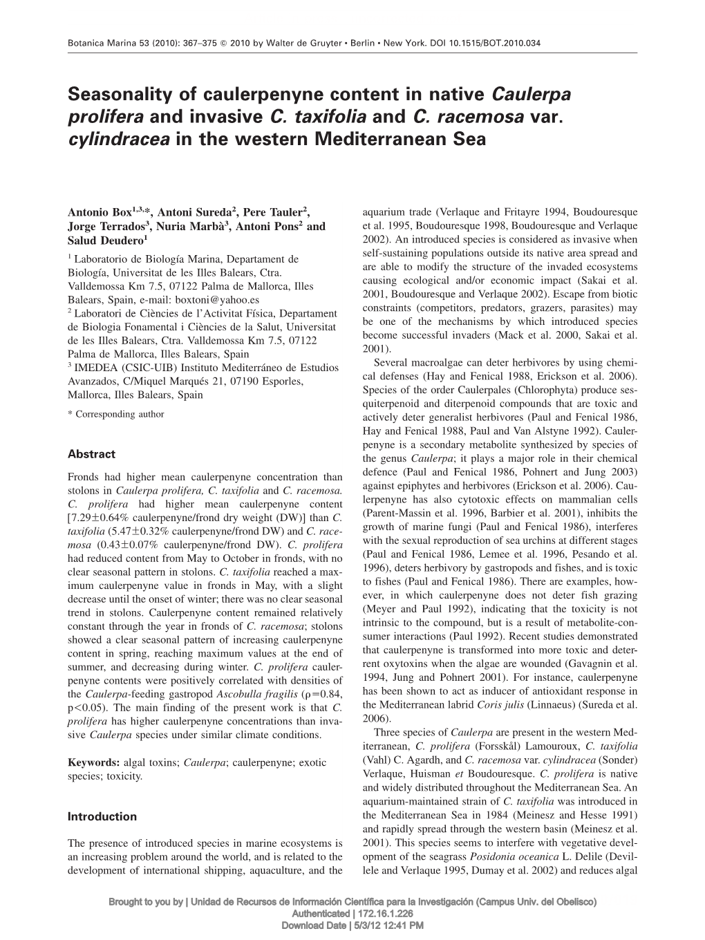 Seasonality of Caulerpenyne Content in Native Caulerpa Prolifera and Invasive C