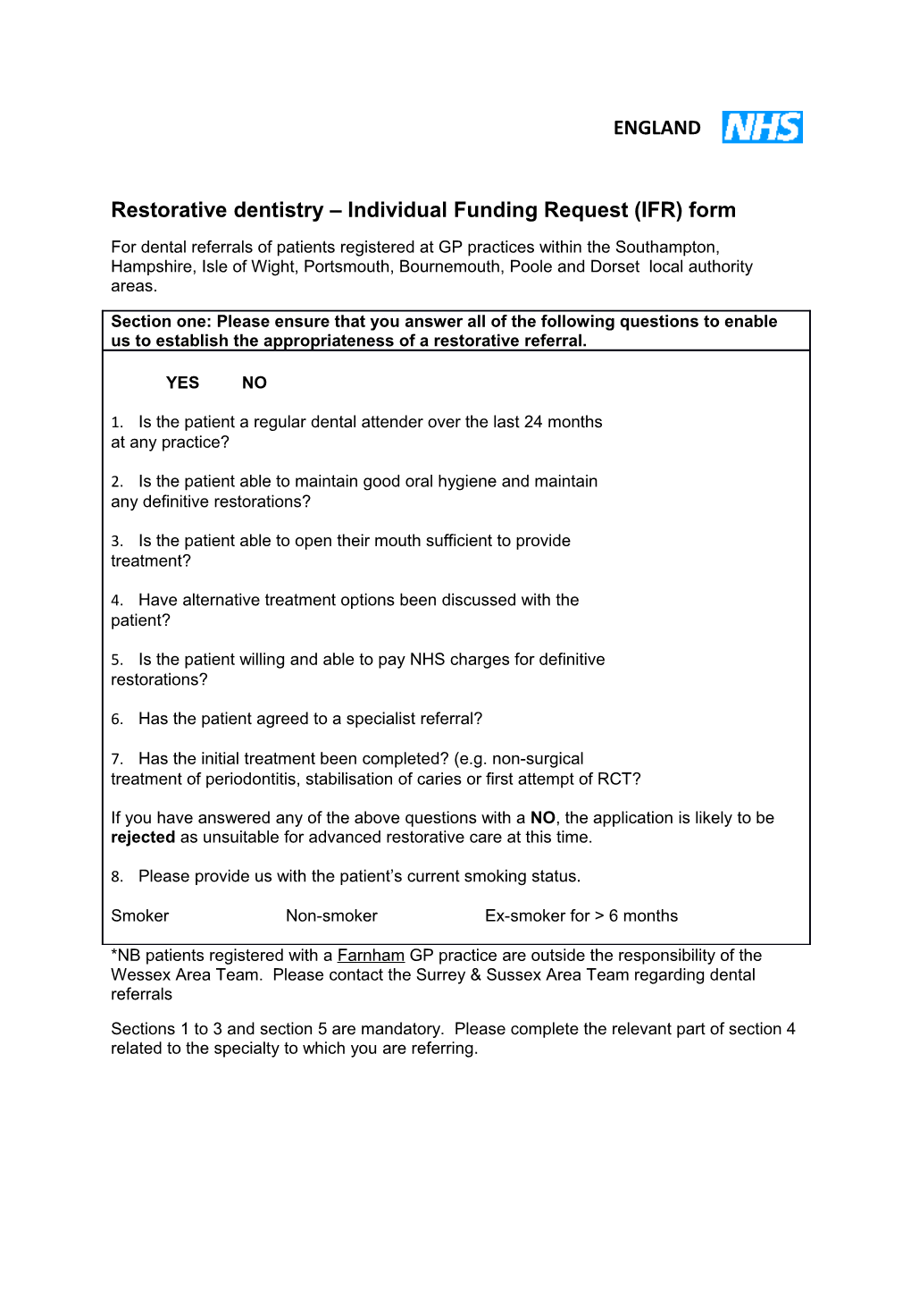 Restorative Dentistry Individual Funding Request (IFR) Form