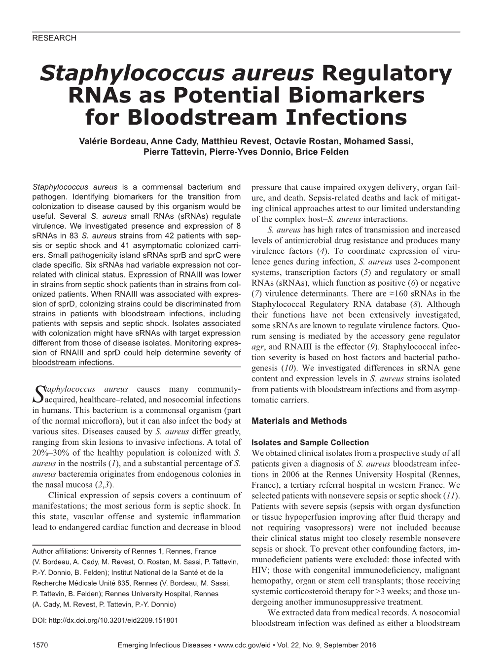 Staphylococcus Aureus Regulatory Rnas As Potential Biomarkers For