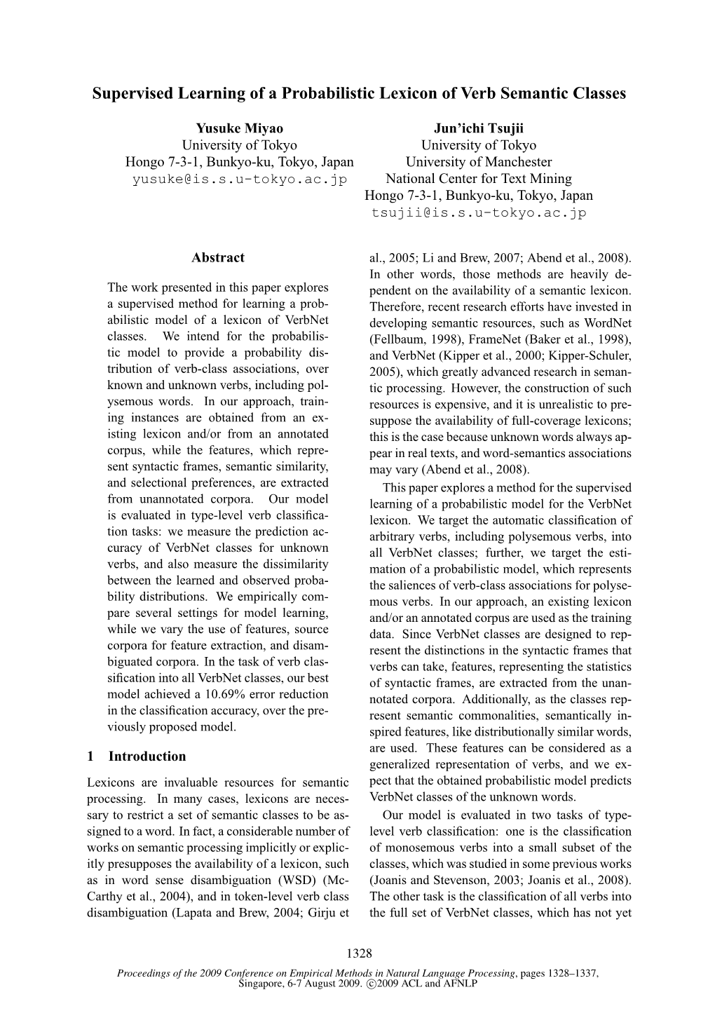 Supervised Learning of a Probabilistic Lexicon of Verb Semantic Classes