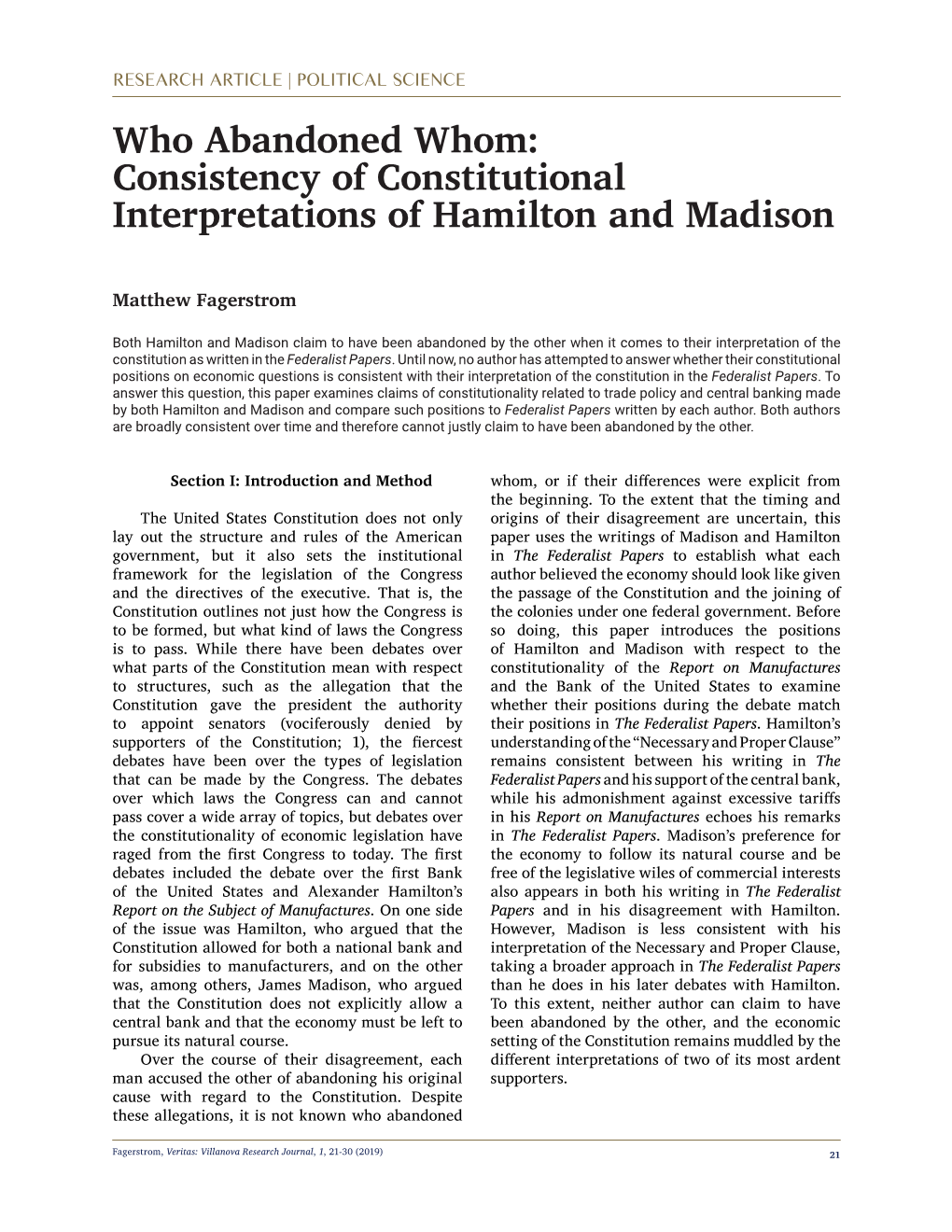 Consistency of Constitutional Interpretations of Hamilton and Madison