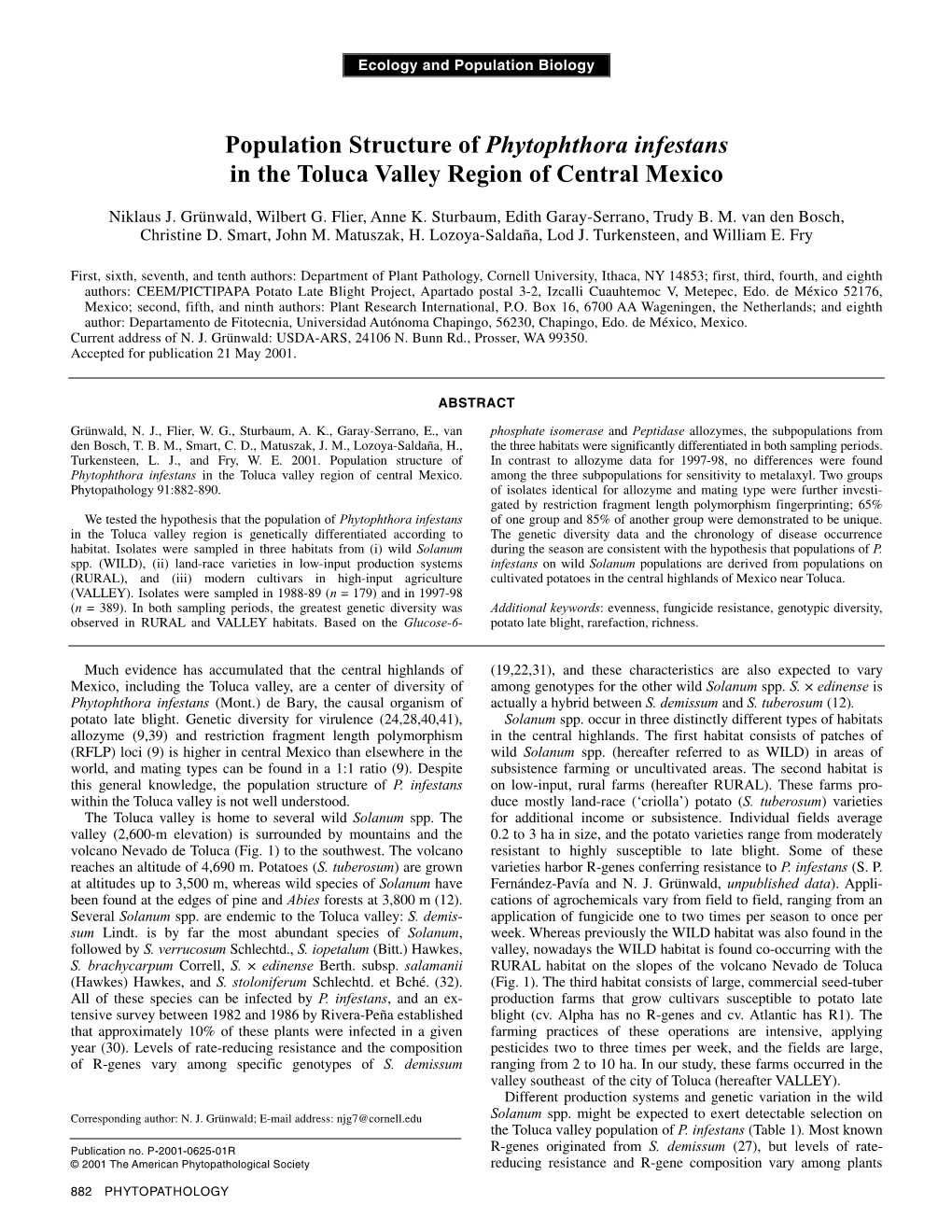 Population Structure of Phytophthora Infestans in the Toluca Valley Region of Central Mexico