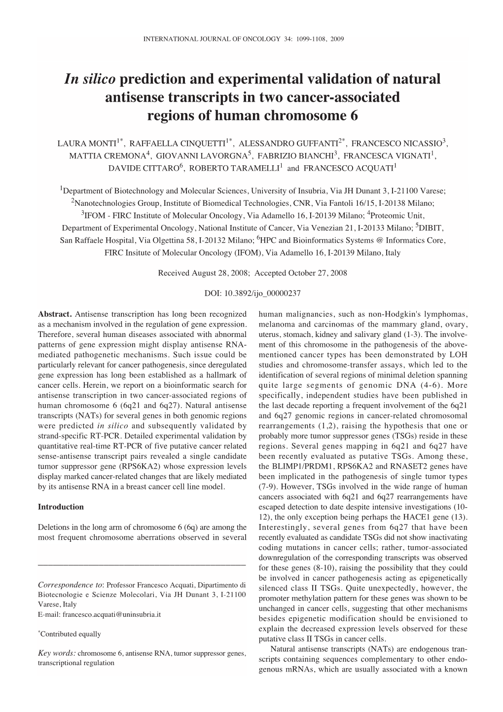 In Silico Prediction and Experimental Validation of Natural Antisense Transcripts in Two Cancer-Associated Regions of Human Chromosome 6