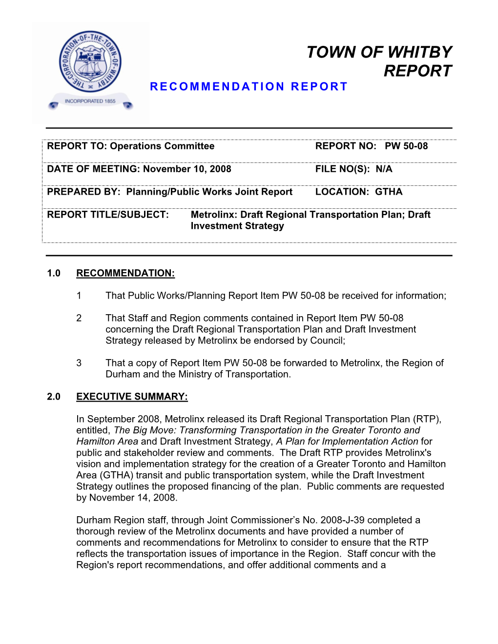Town of Whitby Report Recommendation Report