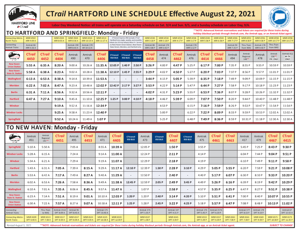 Ctrail HARTFORD LINE SCHEDULE Effective August 22, 2021