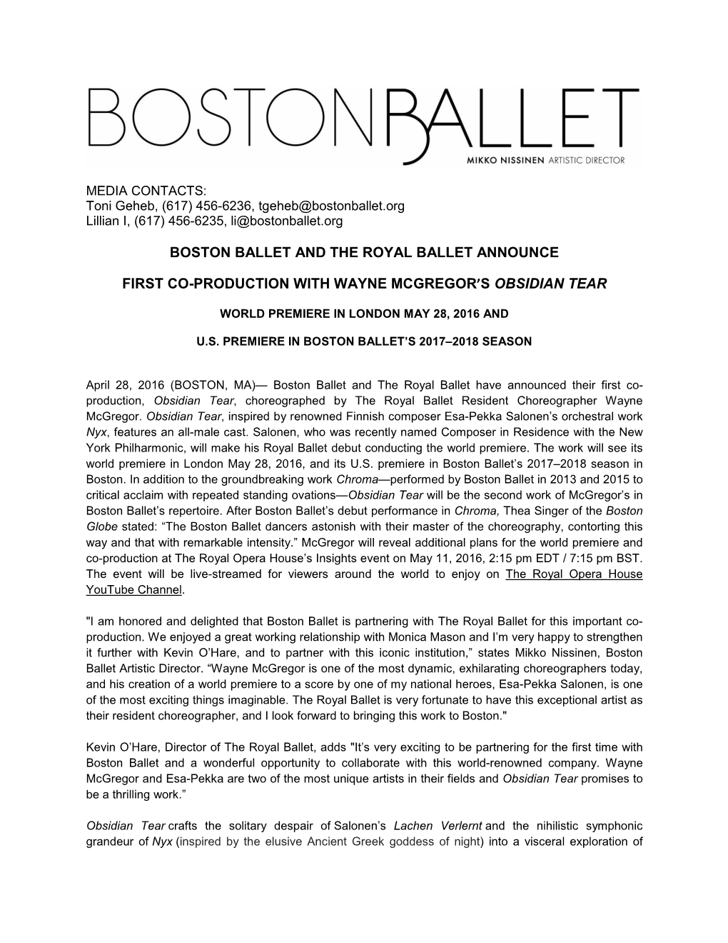 Boston Ballet and the Royal Ballet Announce First Co