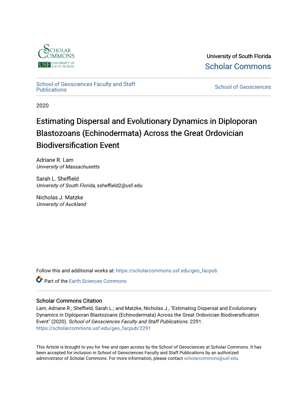 Estimating Dispersal and Evolutionary Dynamics in Diploporan Blastozoans (Echinodermata) Across the Great Ordovician Biodiversification Ve Ent