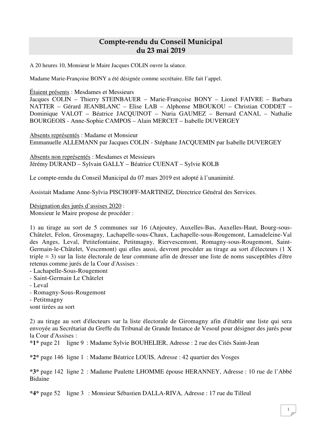 Compte-Rendu Du Conseil Municipal Du 23 Mai 2019