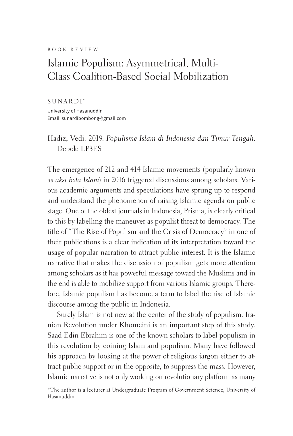 Islamic Populism: Asymmetrical, Multi- Class Coalition-Based Social Mobilization