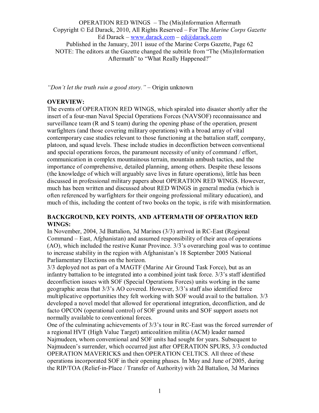 OPERATION RED WINGS – the (Mis)Information Aftermath Copyright © Ed Darack, 2010, All Rights Reserved – for the Marine