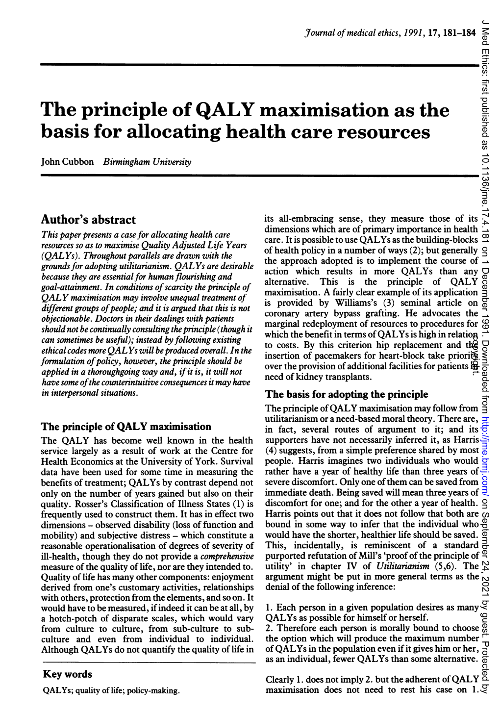 The Principle of QALY Maximisation As the Basis for Allocating Health Care Resources