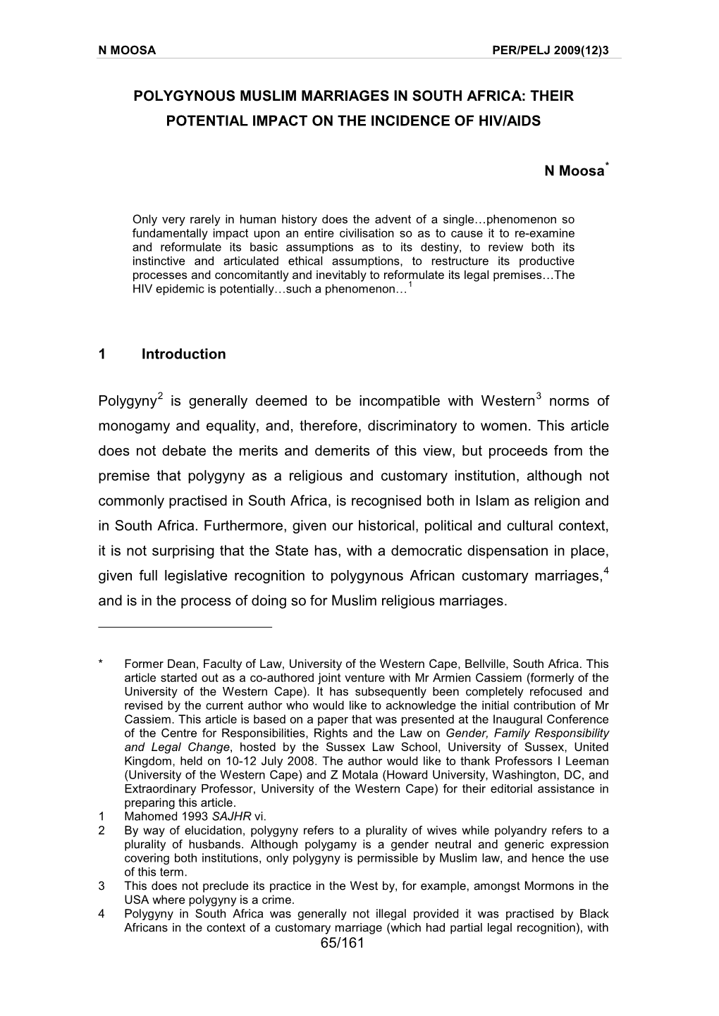 65/161 Polygynous Muslim Marriages in South Africa