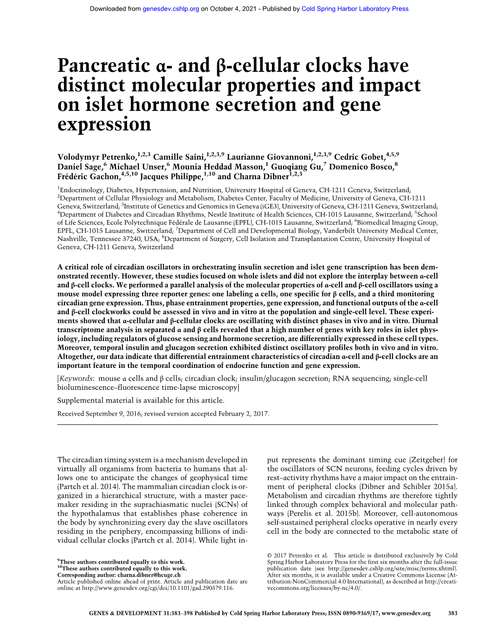 Pancreatic Α- and Β-Cellular Clocks Have Distinct Molecular Properties and Impact on Islet Hormone Secretion and Gene Expression