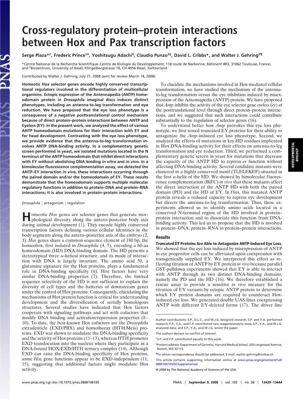 Cross-Regulatory Protein–Protein Interactions Between Hox and Pax Transcription Factors