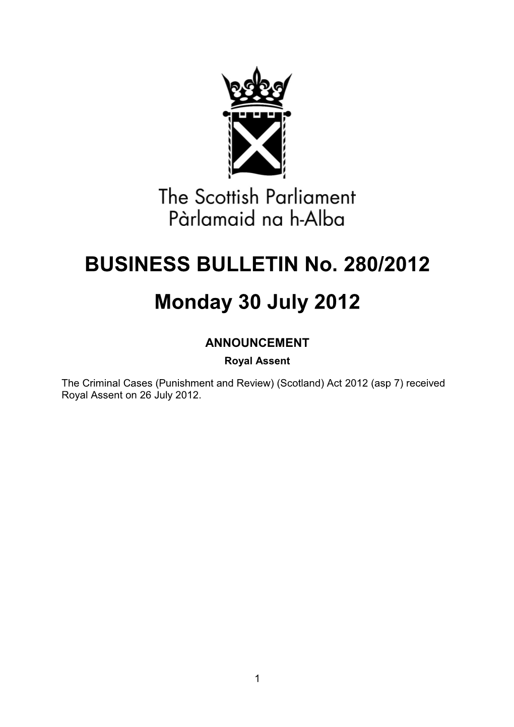 BUSINESS BULLETIN No. 280/2012 Monday 30 July 2012