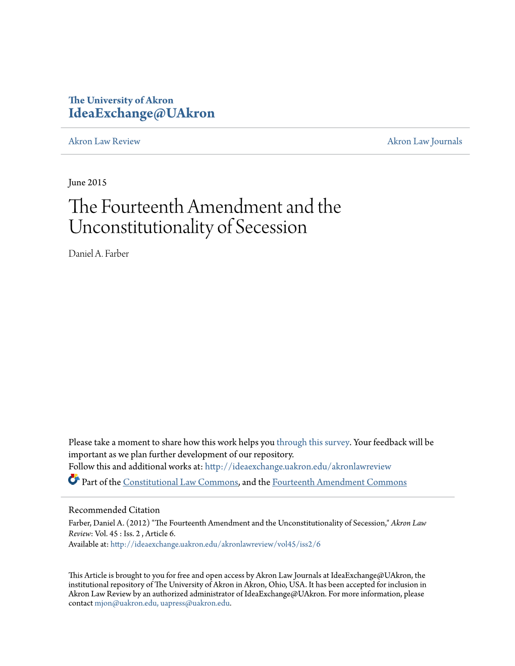 The Fourteenth Amendment and the Unconstitutionality of Secession