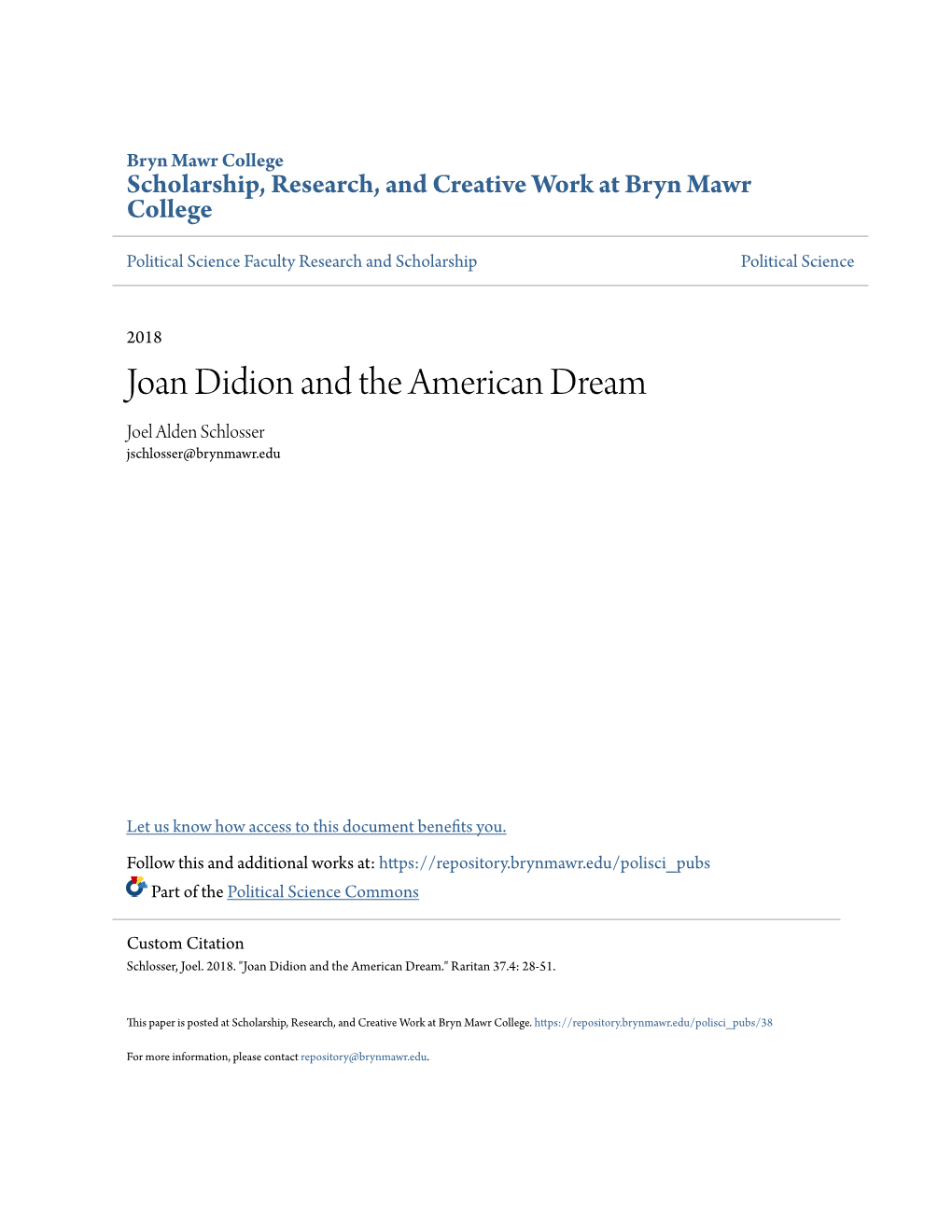 Joan Didion and the American Dream Joel Alden Schlosser Jschlosser@Brynmawr.Edu