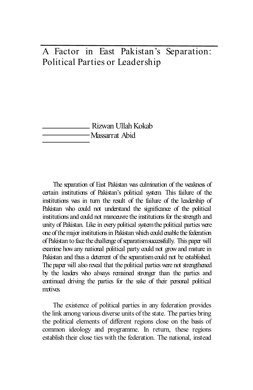 A Factor in East Pakistan's Separation: Political Parties Or